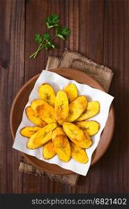 Fried slices of ripe plantains, a traditional and popular snack and accompaniment in Central America and Northern South America, photographed overhead on dark wood with natural light . Fried Ripe Plantain Slices