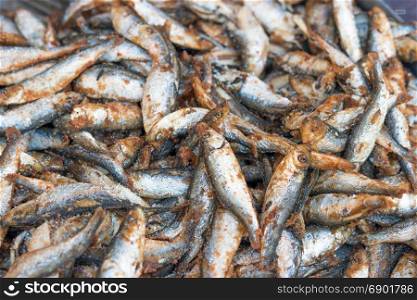 Fried small fish on a fair stall, selective focus