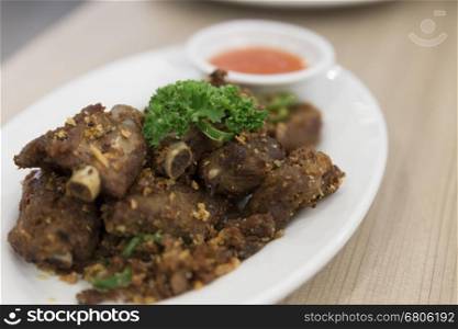 fried spare-ribs, garlic and chili and spicy sauce