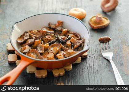 Fried Spruce Milk Cap mushrooms in frying pan on the wooden table