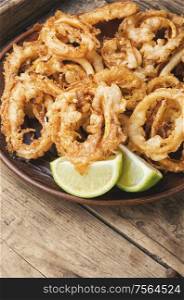 Fried squid or calamari rings with sauce. Crispy fried squid rings