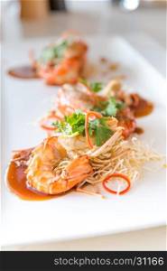 Fried tiger prawn grilled shrimp with tamarind sauce, gourmet Thai cuisine.