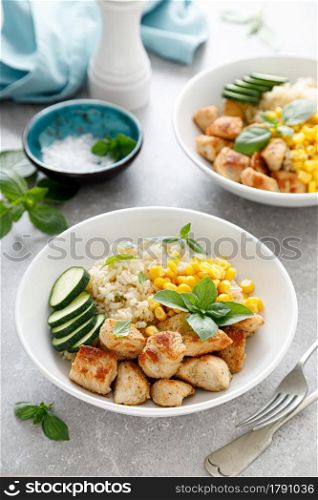 Fried turkey breast and rice with vegetables
