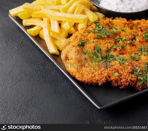 Fried wiener schnitzel from veal topside with french fries