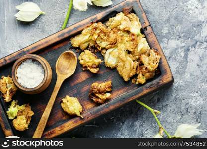 Fried yucca flowers.An unusual dish of edible flowers.. Fried yucca flowers