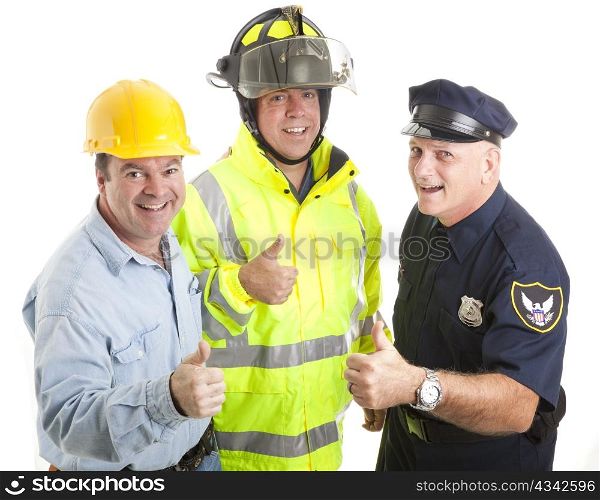 Friendly blue collar workers - fireman, policeman, construction worker - giving thumbs up sign. Isolated on white.