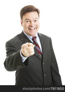 Friendly businessman pointing at the camera like he&rsquo;s greeting you. Isolated on white.