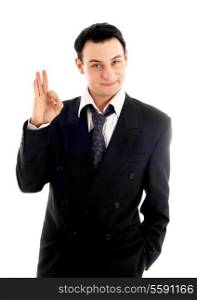 friendly businessman showing ok sign over white