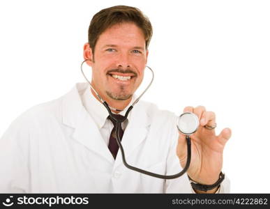 Friendly caring doctor about to examine you. Isolated on white.