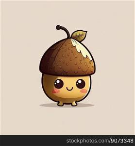 Friendly character. Brown happy acorn with natural hat. Generative AI
