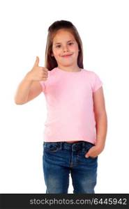 Friendly child saying Ok with her thumb isolated on a white background
