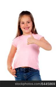 Friendly child saying Ok with her thumbs isolated on a white background