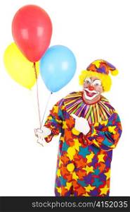 Friendly clown pointing to a bunch of balloons. Isolated on white.