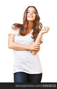 friendly cute girl in white t-shirt on white background