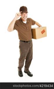 Friendly delivery man carrying a package and tipping his hat. Full body isolated on white.