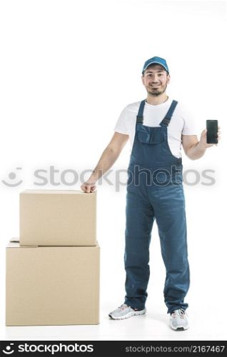 friendly deliveryman showing smartphone
