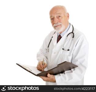 Friendly doctor taking your medical history. Isolated on white.