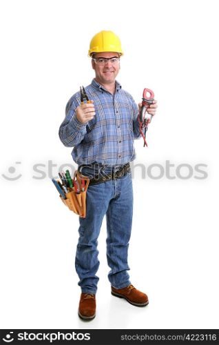 Friendly electrician in safety gear with his wirestrippers & voltage meter. Full body isolated on white.