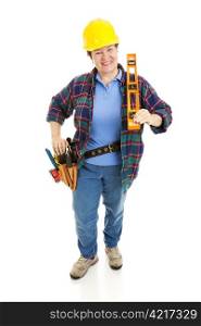 Friendly female construction worker with tools. Full body isolated on white.