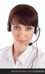 Friendly female customer service representative with headset, isolated on white background.