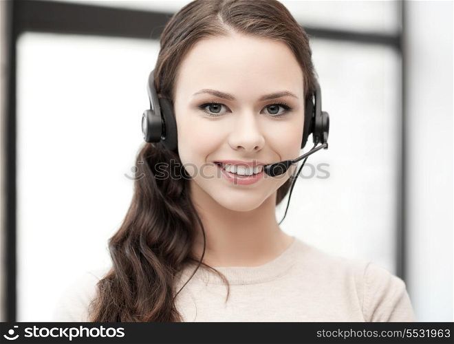 friendly female helpline operator with headphones