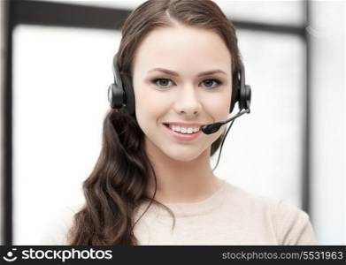 friendly female helpline operator with headphones