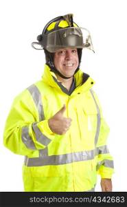 Friendly fire fighter giving the thumbs up sign. Isolated on white.