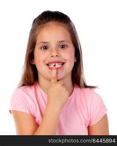 Friendly gril showing her broken teeth isolated on a white background