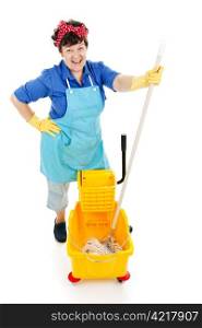 Friendly, happy maid gets ready to mop a floor. Isolated on white.