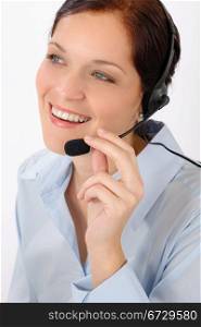 Friendly help desk woman smiling call center operator phone headset