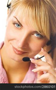 Friendly hotline operator close-up portrait