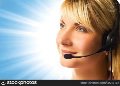 Friendly hotline operator over abstract blue background