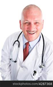 Friendly mature doctor smiling, isolated on white.
