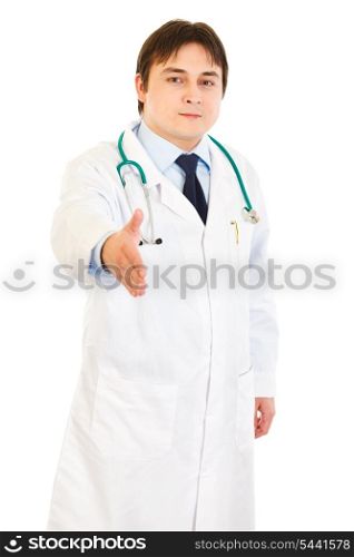 Friendly medical doctor stretches out hand for handshake isolated on white&#xA;