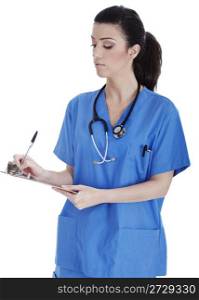 Friendly nurse making medical notes over white background