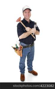 Friendly plumber with his tools. Full body isolated on white.
