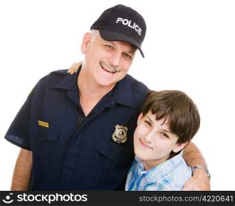 Friendly police officer and an adolescent boy. Isolated on white.