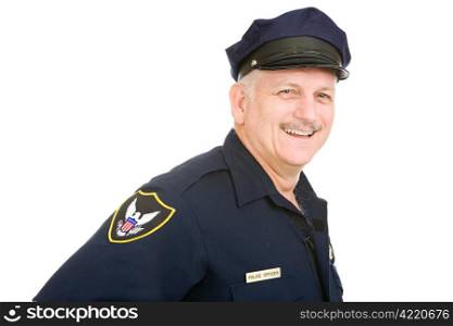 Friendly police officer isolated on a white background.