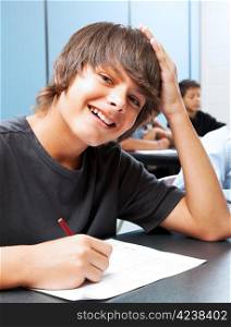 Friendly, smiling adolescent boy in school classroom.