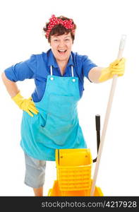 Friendly, smiling maid getting ready to mop the floor. Isolated on white.