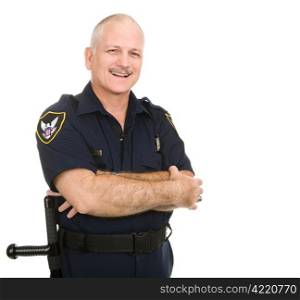 Friendly smiling police officer. Waist up view isolated on white.