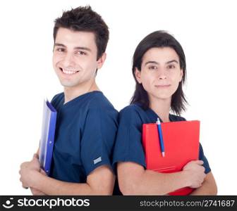 friendly team of doctors holding folders isolated on white background (back to back)