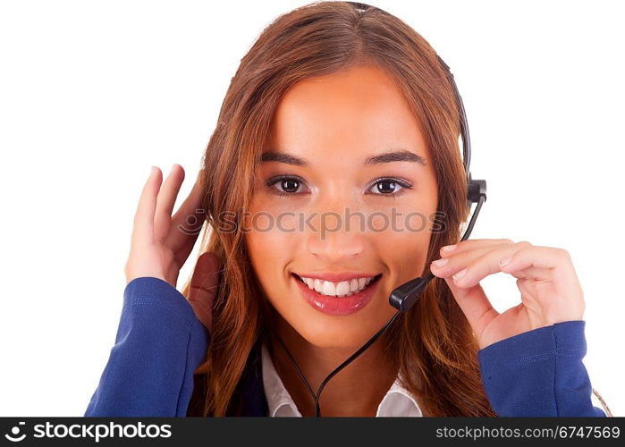 Friendly telephone operator, isolated over white background