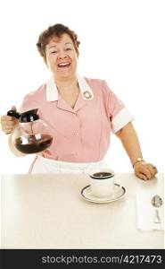 Friendly waitress laughs and chats as she serves coffee. Isolated on white.