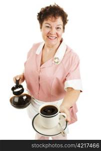 Friendly waitress serving a hot cup of coffee for you. Isolated on white.