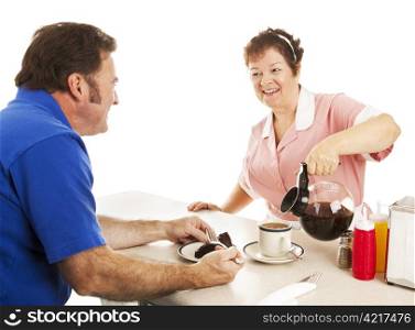 Friendly waitress serving chocolate cake and coffee to a customer. White background.