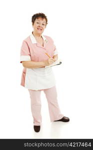 Friendly waitress waiting to take your food order. Full body isolated on white.