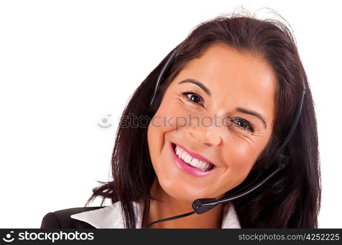 Friendly young beautiful telephone operator at work