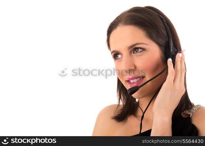 Friendly young beautiful telephone operator at work