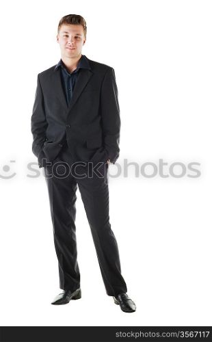 Friendly young businessman on white background